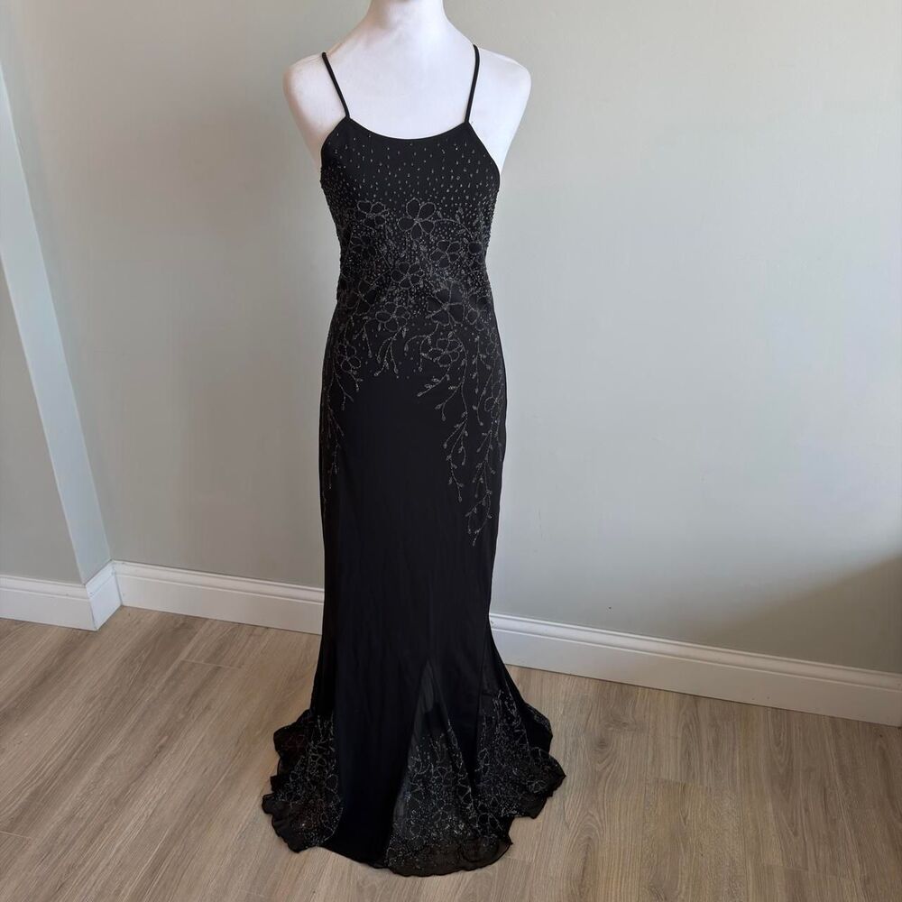 Newport News Women's 14 Black Formal Dress Backless Glitter Floral VTG 90's Goth